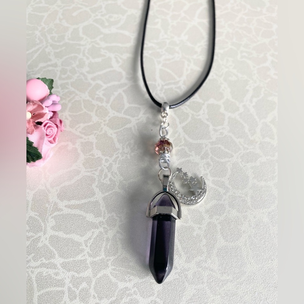 Women's Dark Purple Stone Hexagon Point Pendant Necklace with Moon Charm
